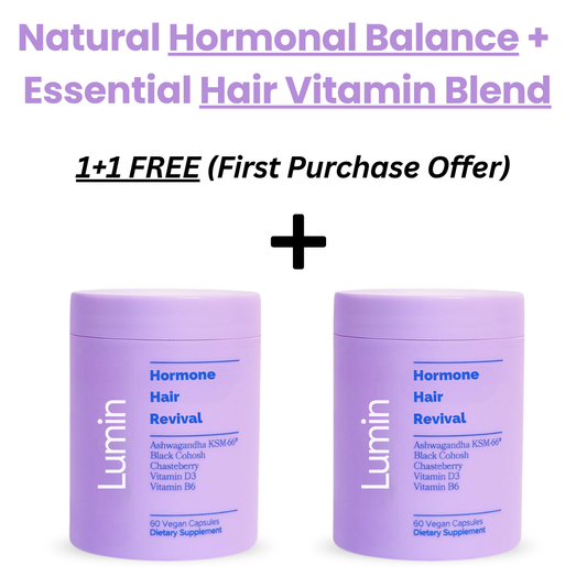 Two purple containers of Lumin Hormone Hair Revival supplement with promotional text on a white background.